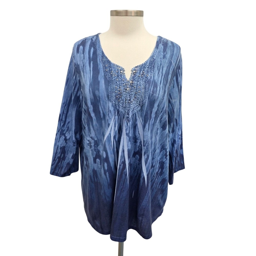One World Womens 2X Blue Tie-Dye Lace Trim Tunic Top Stretch 3/4 Sleeve Blouse